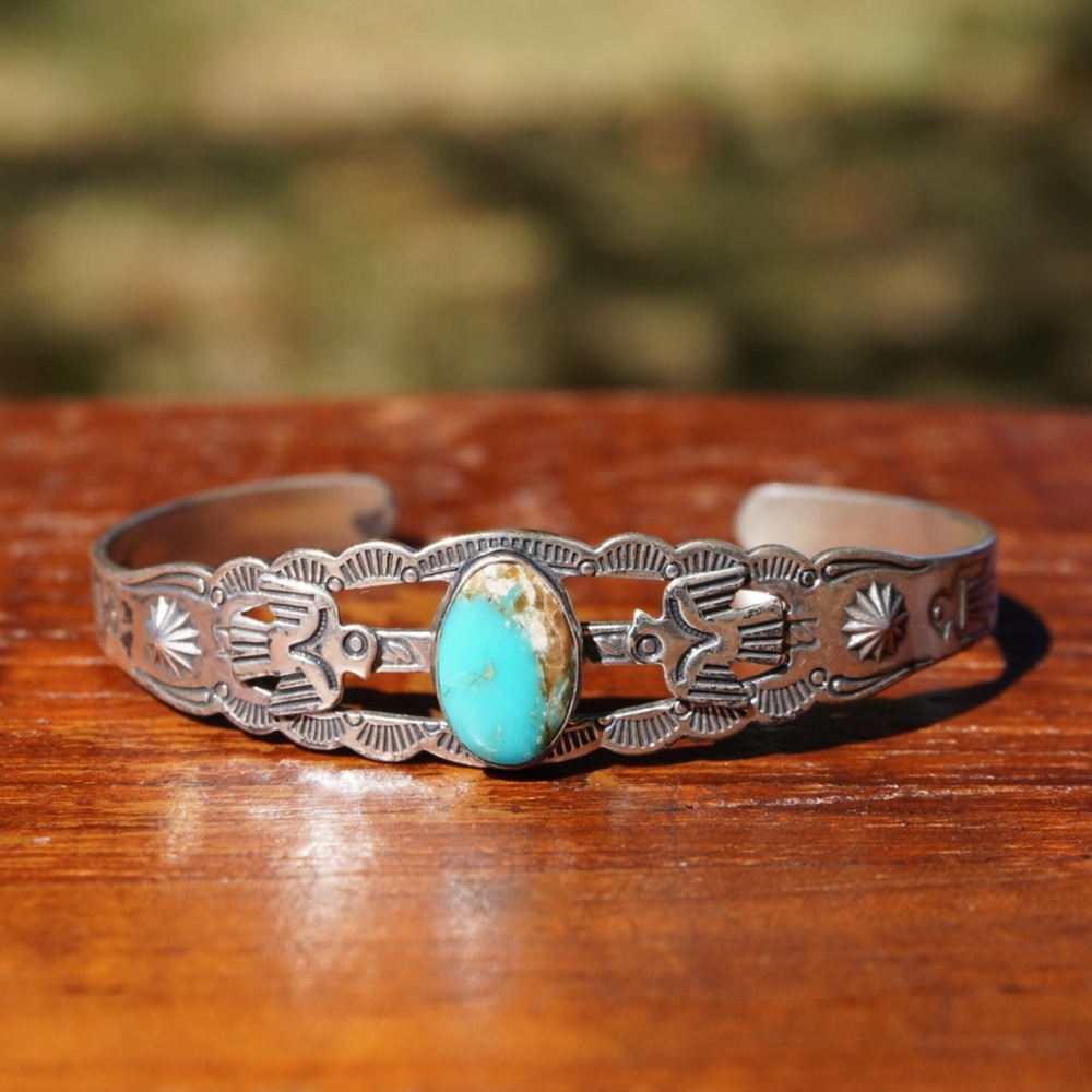 Vintage Fred Harvey Era Sterling Silver Turquoise Cuff Bracelet